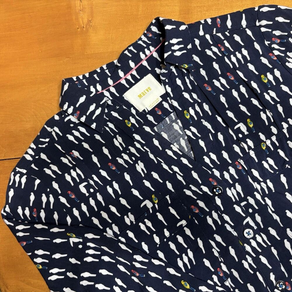 Maeve Anthropologie Bird Print Blouse Womens 0 Navy Button Down Top Parrot Rayon